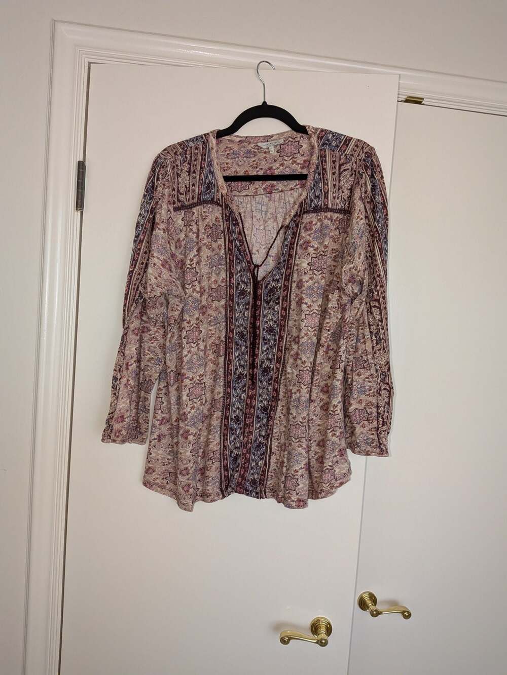 Lucky Brand Boho Floral Paisley Print Tie Front Long Sleeve Blouse Size 2X